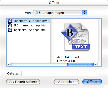 Dateiselektor für Sitemapvorlage unter Mac OS X